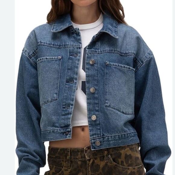 Stitch Star Boxy Cropped Denim Jean Chore Jacket Women's XL Button-down Pockets - Picture 1 of 10